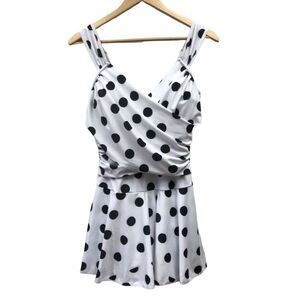 Swim Dress Womens XL Inner Brief Padded Adjustable Straps White Black Polka Dot